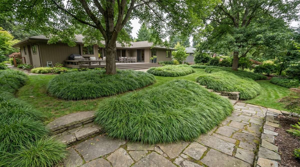 A minimalist garden scene featuring Carex as an evergreen groundcover, with fine-textured, grass-like leaves forming soft, low-maintenance mounds in sun or shade, ideal for creating sweeping masses without mowing.