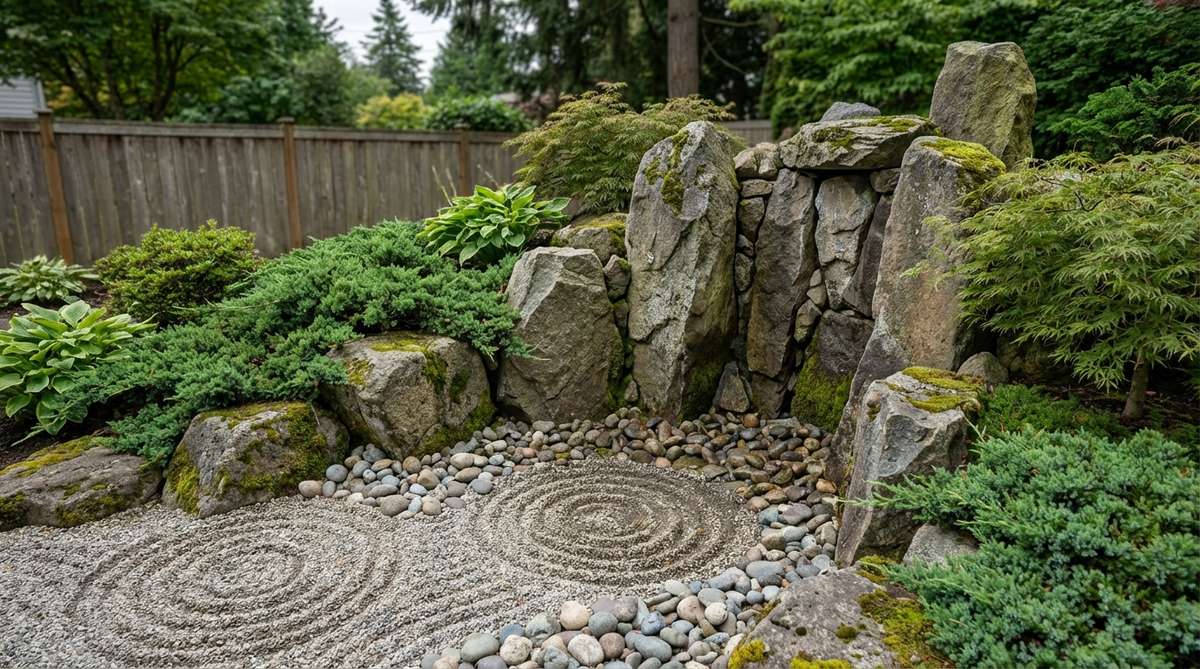 A Japanese Zen garden feature showing stones arranged in a sharp vertical drop to represent a waterfall's edge, with raking patterns below indicating disturbed water and circular patterns in the splash zone. This dramatic elevation change adds vertical interest and combines with flat areas for compositional variety.