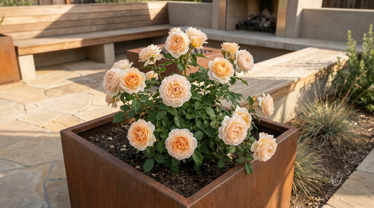 A close-up photo of the Champagne Moment modern garden rose, showcasing its fragrant blooms with soft apricot centers fading to cream at the petal edges. The 50cm floribunda plant is positioned in a contemporary raised bed or large container, highlighting its warm neutral tones that coordinate with natural stone and wood elements on a modern patio. The image captures the strong continuous flowering through summer, with compact dimensions suitable for small urban gardens and courtyard spaces.