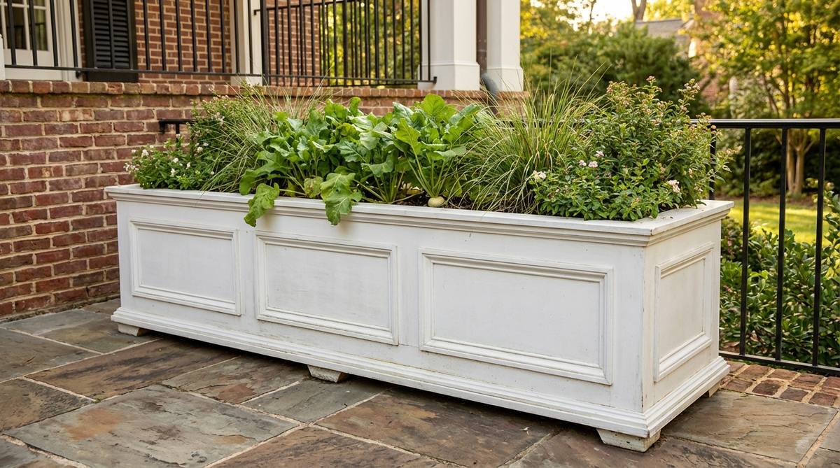 A deep rectangular planter with paneled facades, evoking historic Southern architecture, ideal for balcony railings or floor placement to grow root vegetables and larger ornamentals in a traditional style.