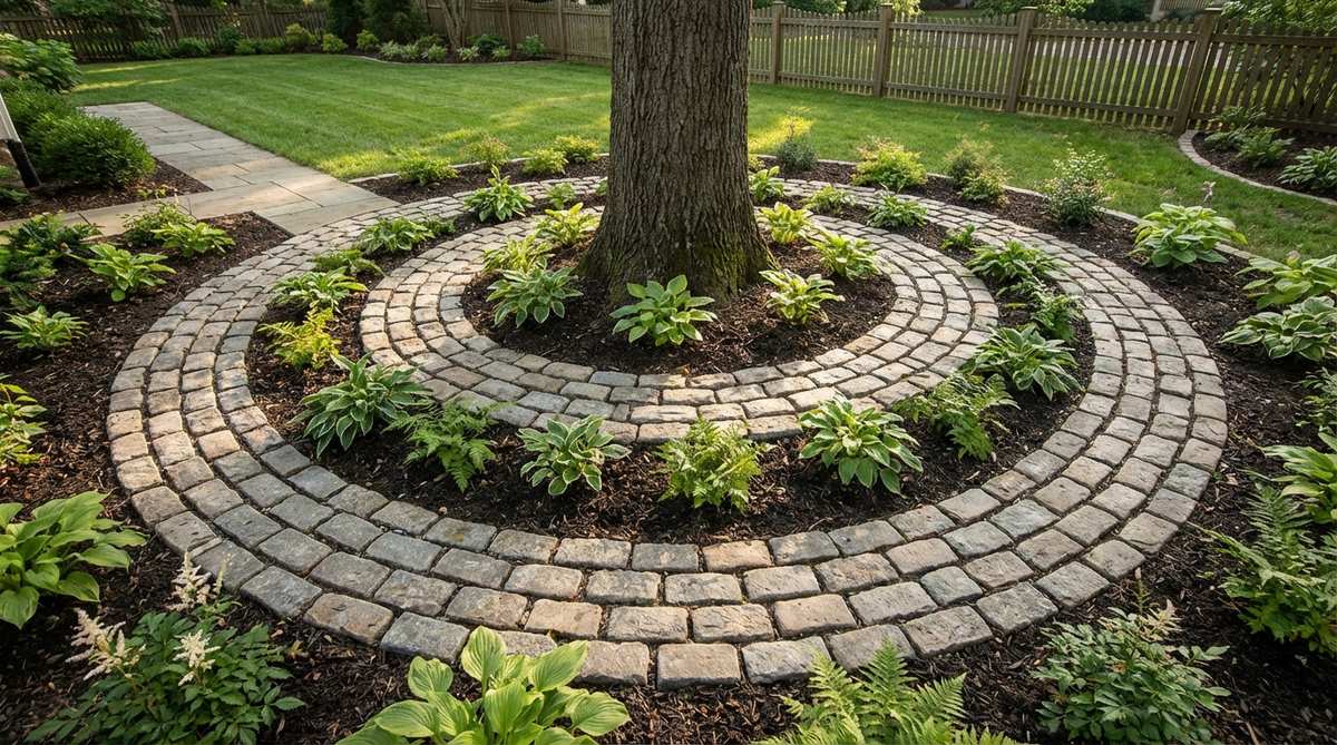 A circular arrangement of traditional European cobblestones installed vertically around a mature tree, creating a protective tree ring that defines the planting zone while allowing water penetration through gaps between stones. The cobblestones are set in concentric circles with the interior filled with shade-tolerant groundcovers, showcasing old-world charm in an established landscape setting.