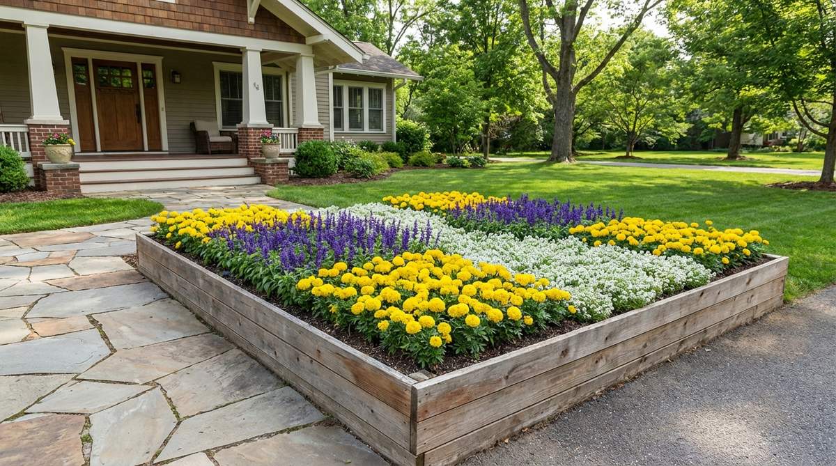 A shallow raised garden bed with bold, graphic color blocks of yellow, purple, and white flowers, designed for low maintenance and high visual impact from the street.