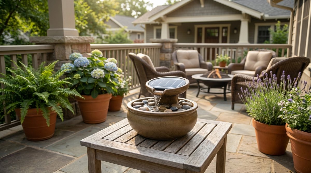 A compact solar-powered tabletop fountain with integrated solar panel, perfect for balconies and small courtyards where electrical access is limited.