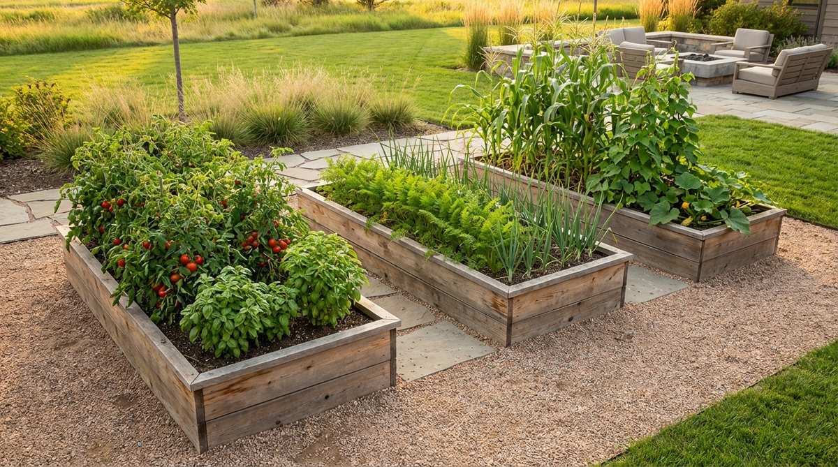 A modern garden bed organized into distinct companion planting zones, showing beneficial crop pairings like tomatoes with basil, carrots with onions, and beans with corn to deter pests, improve pollination, and maximize nutrient uptake.
