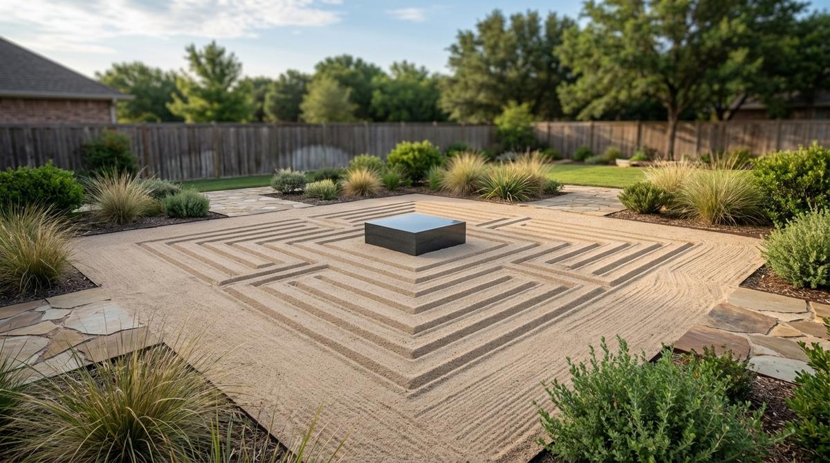 A geometric zen garden sand pattern featuring square frames nested within each other like geometric ripples, combining the focal power of concentric circles with precise geometry. The design shows consistent spacing between each square frame, with a square rock or sculptural element positioned at the center to reinforce the geometric theme throughout the composition.