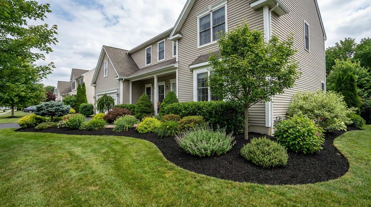 A front yard garden design showing a continuous bed line extending across the foundation, with varied planting height and density, smooth flowing edges, and consistent mulch for a unified, established appearance.