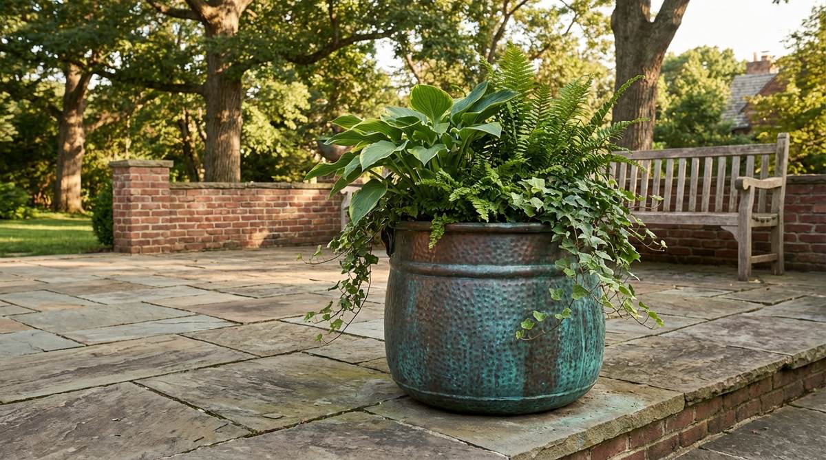 A hammered copper garden planter showcasing a distinctive blue-green verdigris patina, which develops naturally over time with weather exposure. This planter features antimicrobial properties that may benefit soil health, resists corrosion, and complements both formal and cottage garden styles, ideal for stone terraces or brick patios.