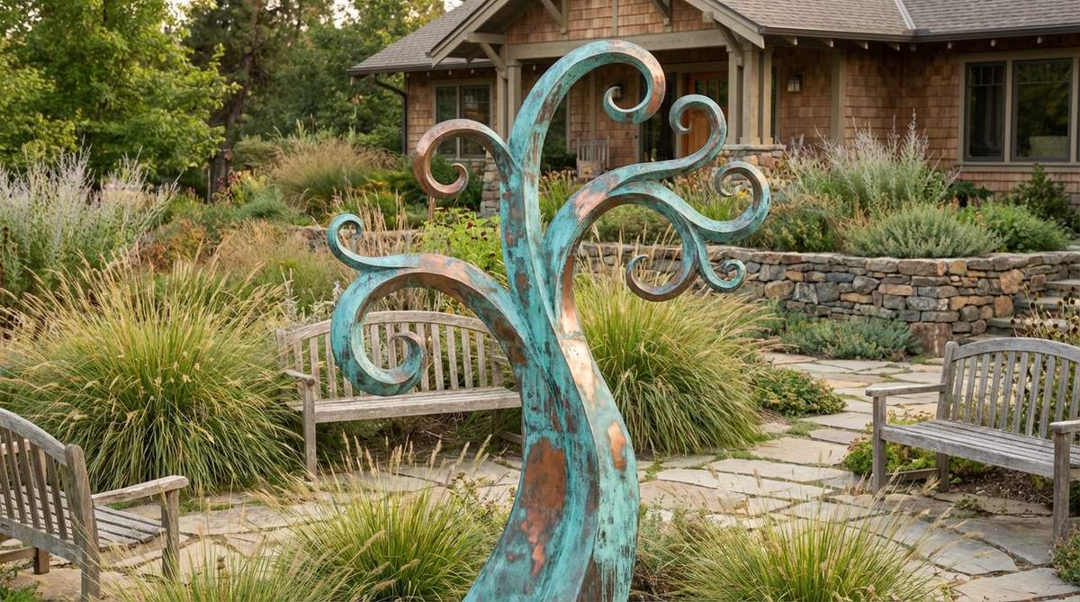 A rustic copper garden sculpture with distinctive blue-green verdigris patina, showcasing natural oxidation that adds refined color notes to garden settings without overwhelming natural wood tones. The sculpture demonstrates the color evolution from bright copper to blue-green that occurs over time with weather exposure.