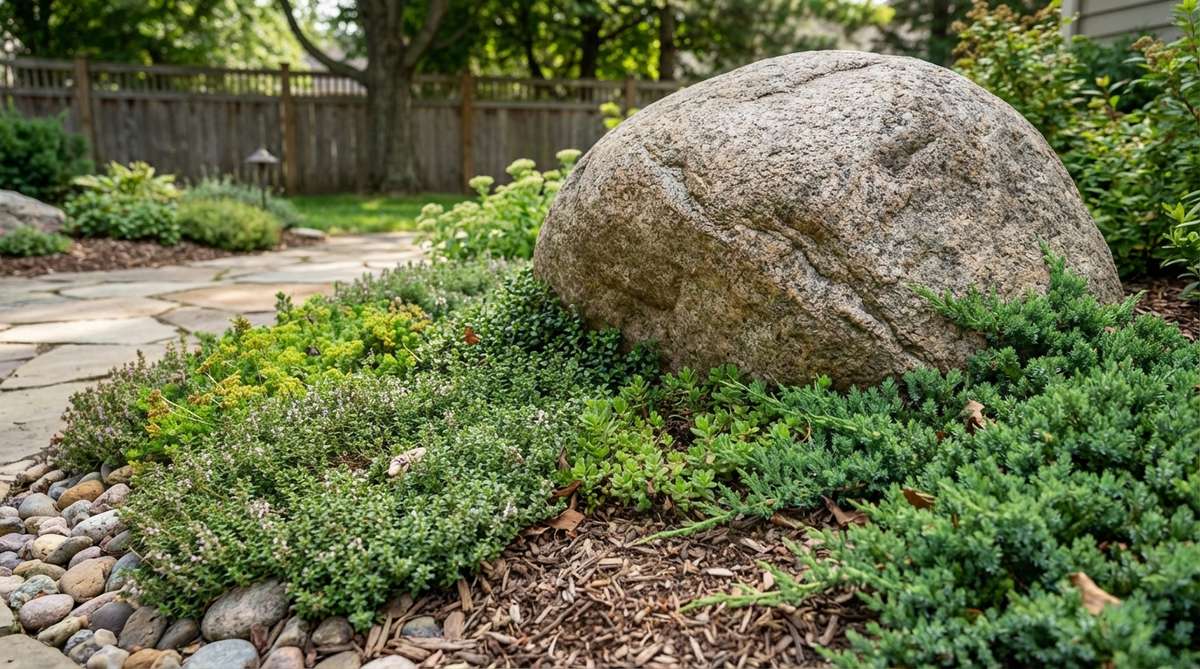 A rounded boulder placed at a corner of a property or garden bed, surrounded by spreading groundcovers to soften geometric transitions and blend the stone into the natural surroundings.