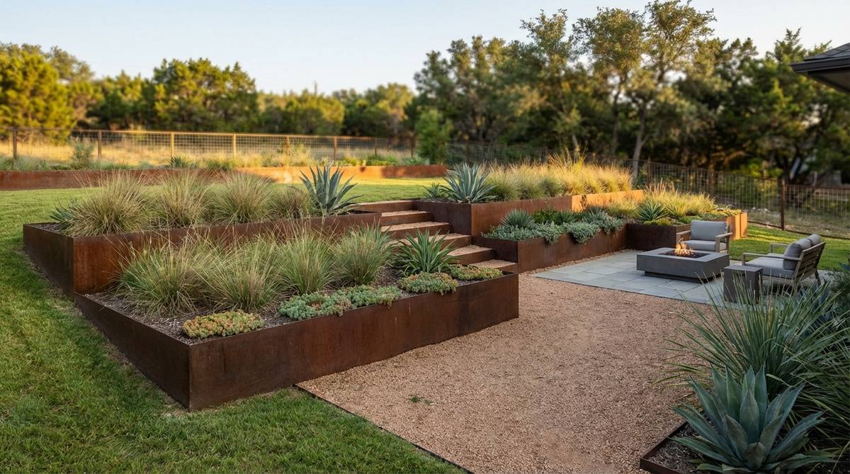 A modern small garden retaining wall made from weathering steel panels with a protective rust patina, forming clean geometric shapes that maximize usable space and complement plantings.