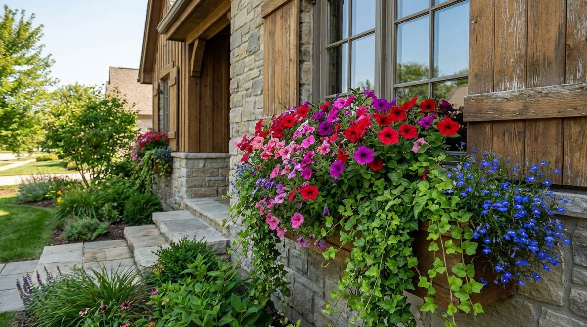 A charming cottage window box overflowing with vibrant petunias, ivy geraniums, and trailing lobelia, softening the architecture with abundant seasonal color.