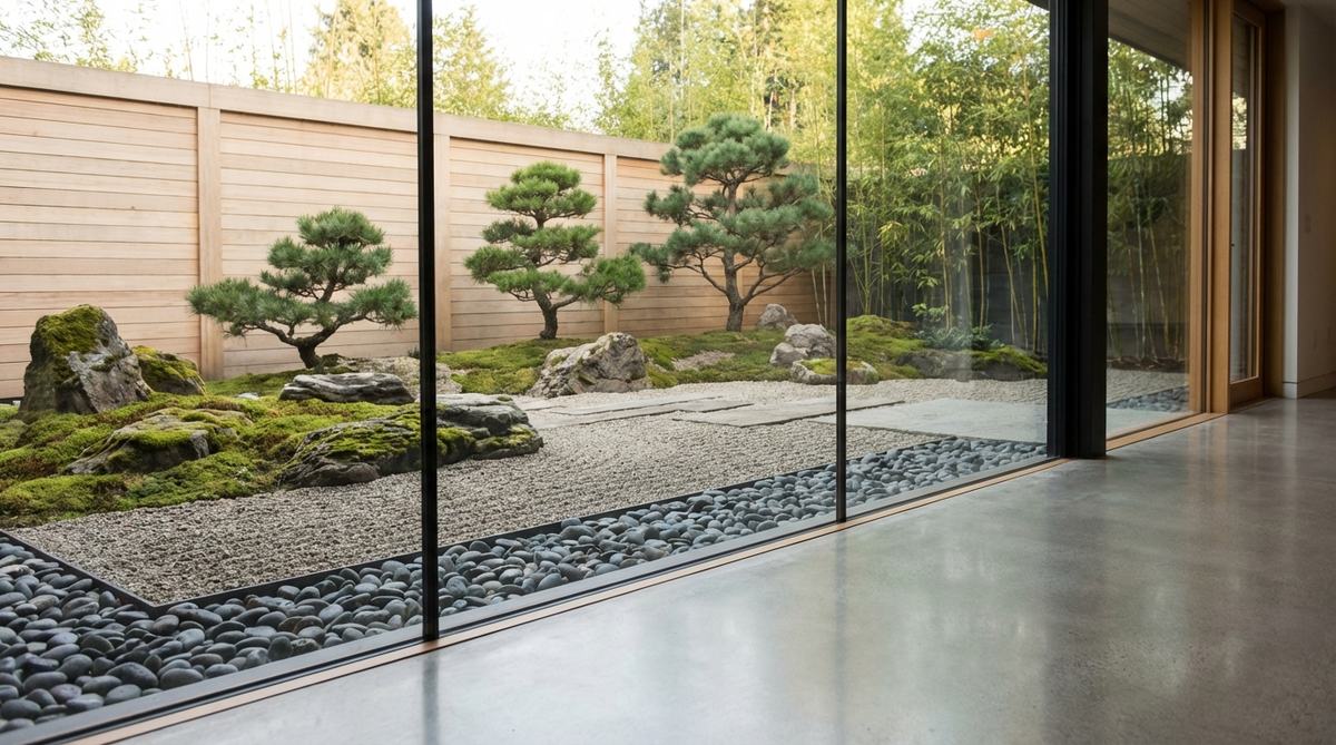 A modern Japanese rock garden designed for viewing from a single vantage point through large windows, featuring layered depth with foreground, middle, and background zones, seamless transitions between interior flooring and exterior gravel, and optimized for contemporary architecture with prominent interior-exterior connections.