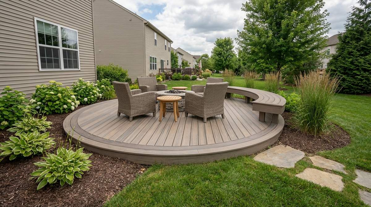 A small garden patio featuring a curved edge composite deck that creates organic transitions to lawn areas and garden beds. The flexible composite decking material allows for gentle curves that soften traditional rectangular layouts, eliminating sharp corners to maximize usable furniture space in compact patio designs.