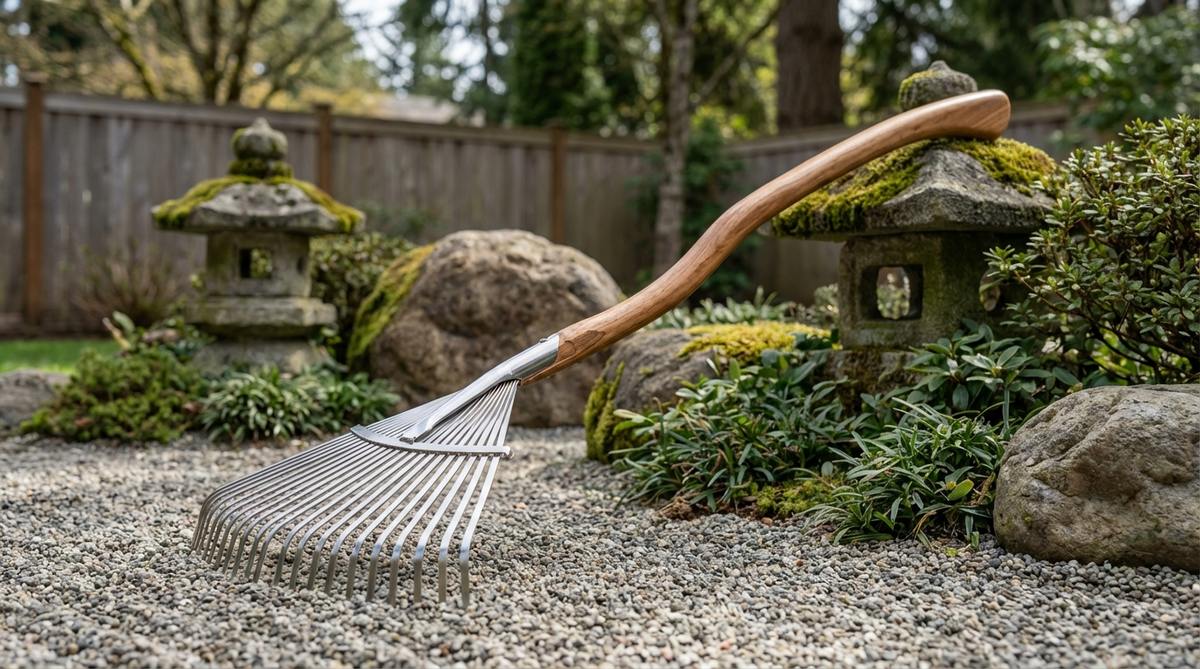 An ergonomic rake with a curved handle designed to reduce wrist strain during raking in zen gardens, ideal for users with arthritis or repetitive strain injuries.