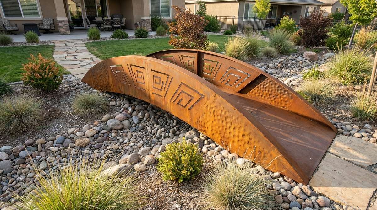 A sculptural curved bridge made of steel or copper, serving as an artistic focal point in a mini garden. The metal structure features unique custom fabrication with cutout patterns and surface treatments, with Cor-ten steel displaying warm orange-brown rust patina. Surrounded by simplified plantings to highlight the bridge as a statement piece.