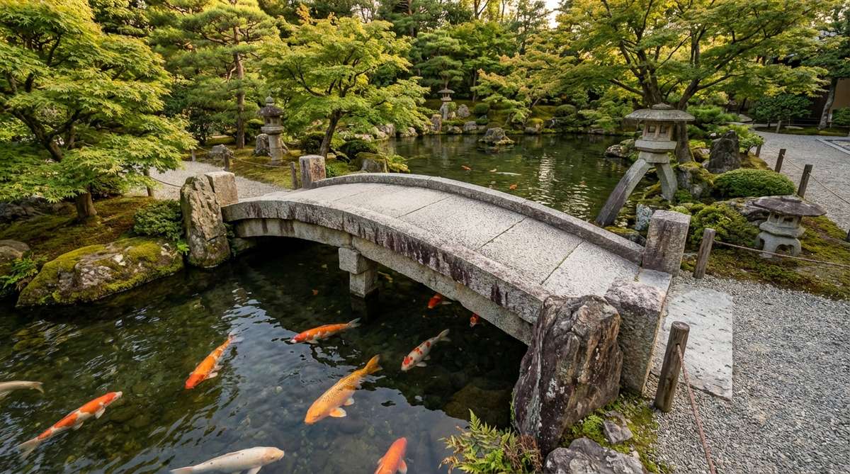 A gently arched granite stone bridge spanning a koi pond in a Japanese garden, featuring bush-hammered slip-resistant surface and rustic split stone sides, serving as both functional crossing and sculptural element.