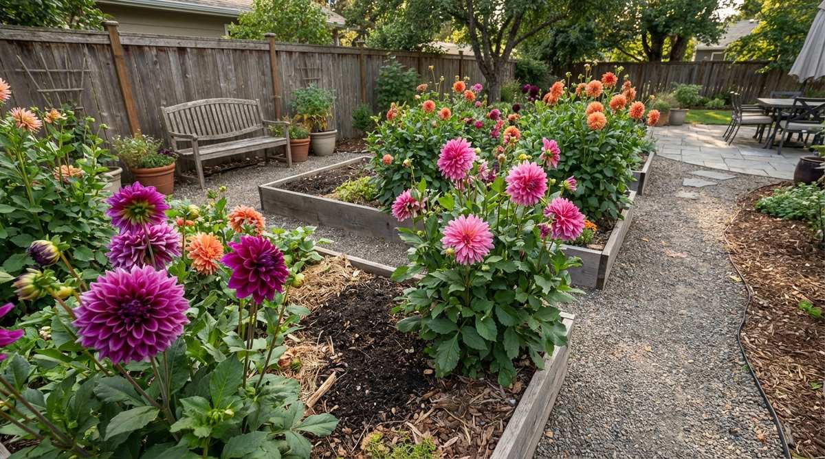 A vibrant bohemian garden featuring dahlias in purple, pink, and orange blooms, showcasing large, complex flower forms ideal for fresh summer arrangements in a cutting garden setting with rich soil and full sun exposure.