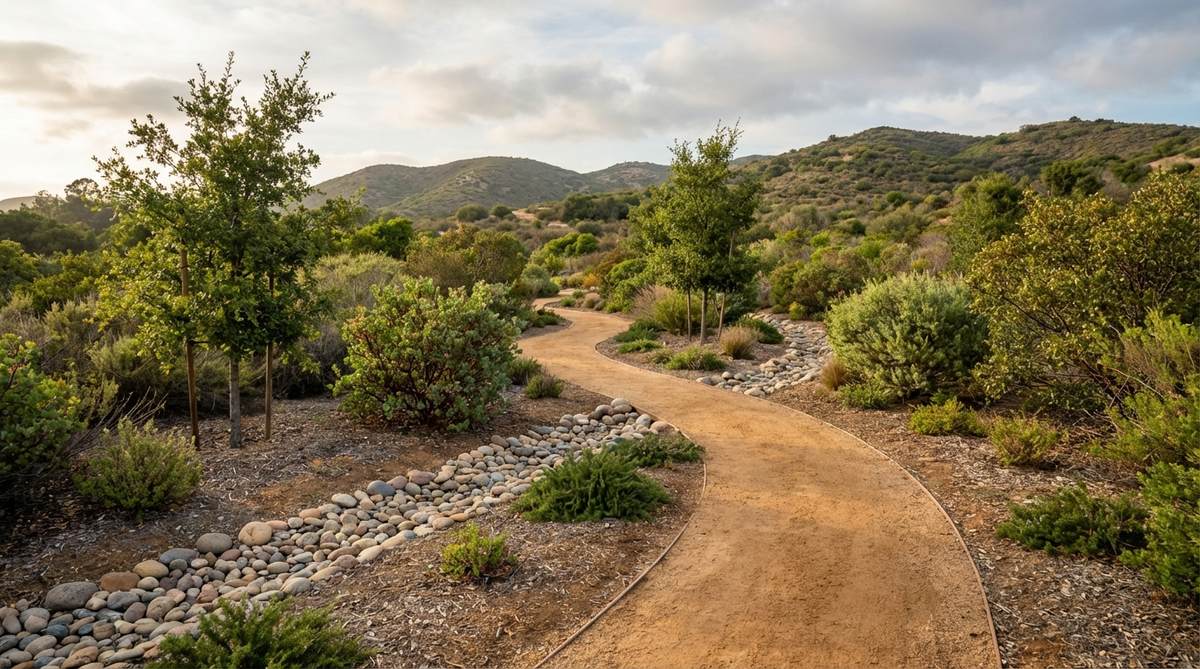 A minimalist garden path made from decomposed granite, showing the finely crushed granite compacted to a firm surface with natural tan to reddish-brown tones. The path is installed with proper compaction techniques and complements native California and Southwestern landscaping with oaks and chaparral plants.