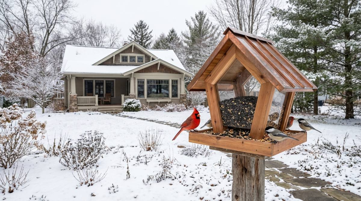 An architecturally interesting bird feeder serving as a sculptural element in winter outdoor decor, designed to attract cardinals, chickadees, and finches. It complements home styles like craftsman with copper or farmhouse with cedar, positioned safely to prevent window collisions and filled with black oil sunflower seeds or mixed seed.