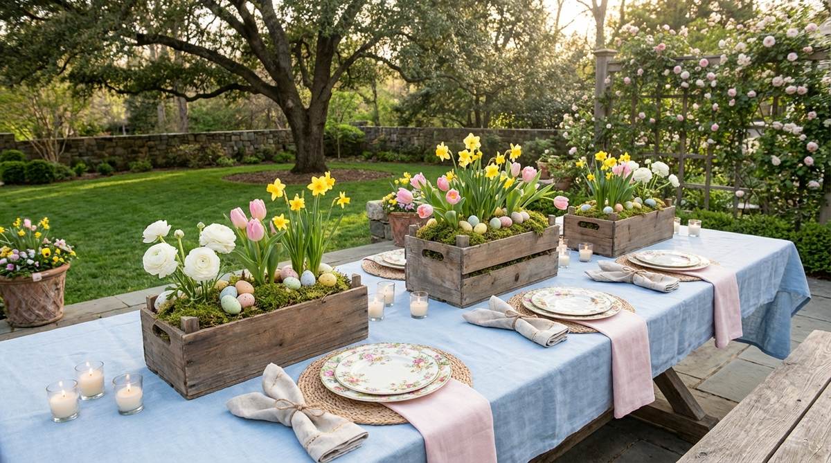 An elegantly set outdoor dining table for Easter, featuring pastel linens, floral-patterned plates, and napkins folded into bunny ear shapes. The table includes rustic wooden box centerpieces filled with moss, decorated eggs, and spring flowers like tulips and daffodils, complemented by votive candles for evening ambiance.