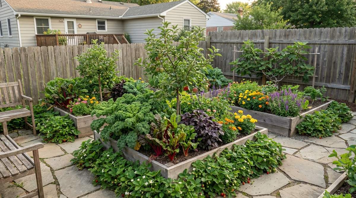 A small backyard garden showcasing edible landscape integration with kale, Swiss chard, and purple basil mixed among ornamental flowers, featuring dwarf fruit trees as specimen plants and alpine strawberries edging the beds, demonstrating how food crops can provide both beauty and harvest in limited space.