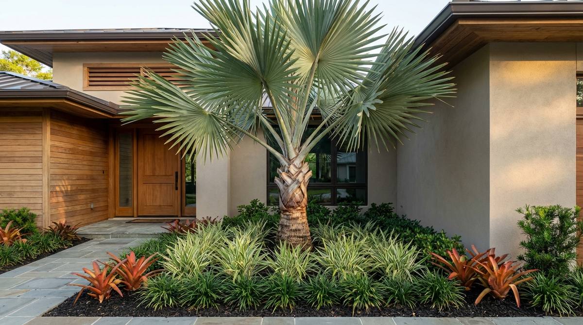 A single statement palm flanked by low-growing tropicals creates an elegant entry sequence that establishes tropical tone before visitors reach the front door. The restraint prevents visual clutter while delivering immediate curb appeal. Select a palm with strong architectural form like a windmill or king palm, and underplant it with a simple palette of two or three species—perhaps variegated ginger, dwarf mondo grass, and a colorful bromeliad. Keep the composition tight and the plant count low to maintain a refined, intentional appearance that complements architectural styles from modern to traditional.