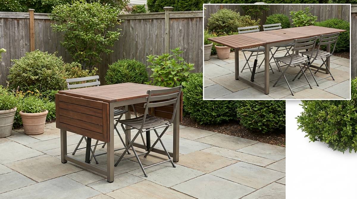 A space-saving expandable dining table with built-in folding chairs, perfect for small garden spaces. The rectangular table features a butterfly-leaf extension that grows from 40 to 50 inches in length, while chairs fold out from beneath the table apron. In compressed configuration it seats two people in cafe-table dimensions, and in expanded mode accommodates six for special occasions. Features gas-assist mechanisms for smooth one-person operation and locking mechanisms to secure both table and chairs in deployed or stowed positions.