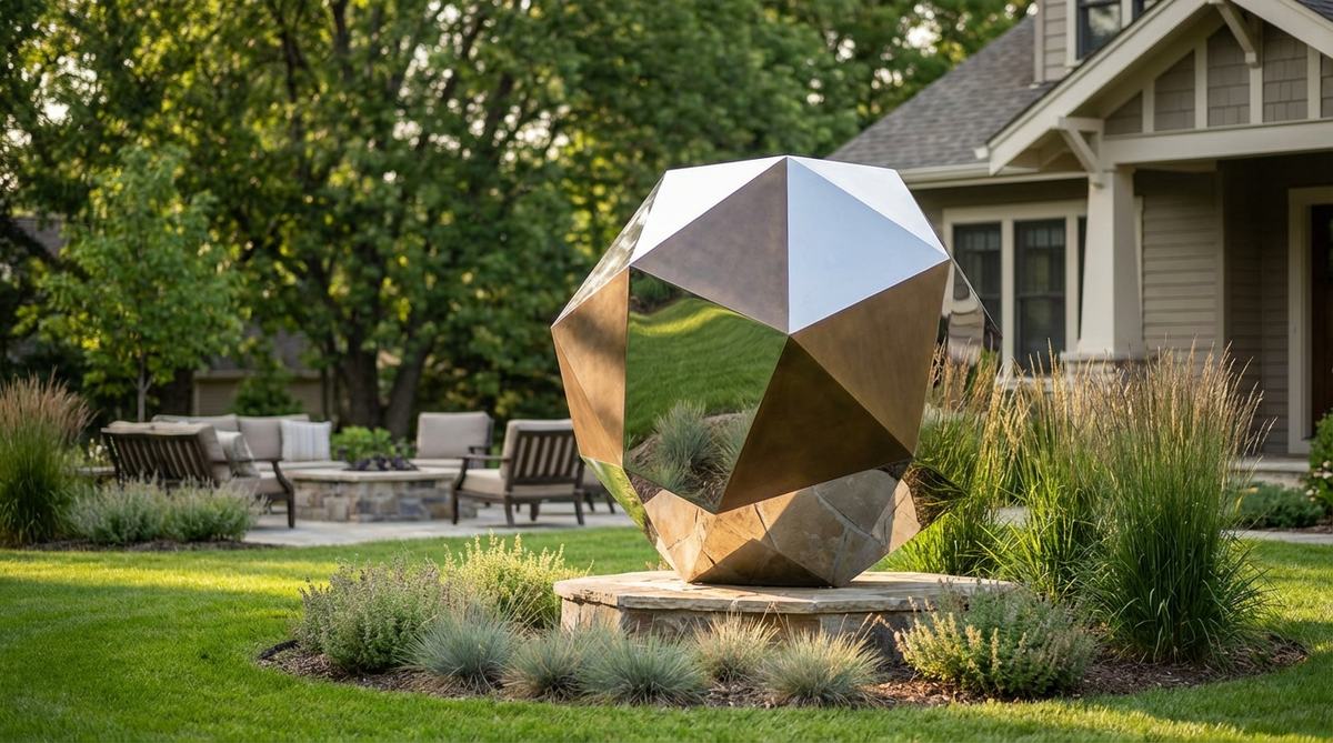 A contemporary garden sculpture featuring a complex polyhedron form with multiple faceted surfaces that create dynamic light reflections and shadow patterns throughout the day. The sophisticated geometric structure offers different visual experiences from various viewing angles, with options for mirror-polished surfaces that reflect the environment or matte finishes that emphasize pure geometry through light and shadow.