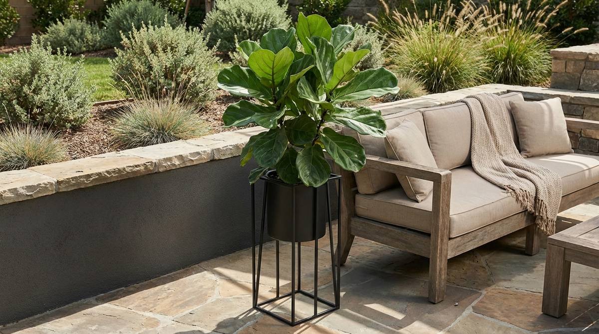 A large fiddle leaf fig plant in a black metal stand, creating a sculptural architectural element in black boho decor. The dark stand elevates the plant with minimal design, highlighting the dramatic foliage. Perfect for positioning in corners or beside sofas to create natural focal interest with an industrial edge.