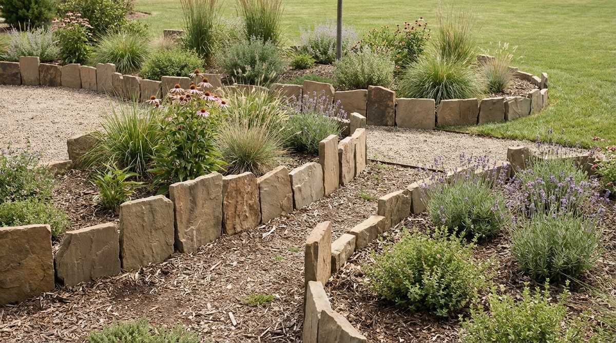 Vertical flagstone pieces set on edge to create organic garden borders with natural thickness variations, standing 6-10 inches tall and partially buried for stability. The irregular edges and earth-tone colors blend seamlessly with planted areas, ideal for naturalistic gardens, xeric landscapes, and rustic settings.