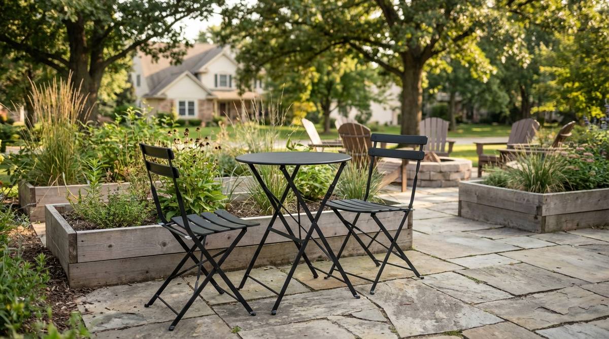 A modern folding bistro set with European-style cafe seating and steel construction. Features slatted seats and backs for water drainage, compact 24-inch table, and available in matte black or French blue with protective rubber feet.