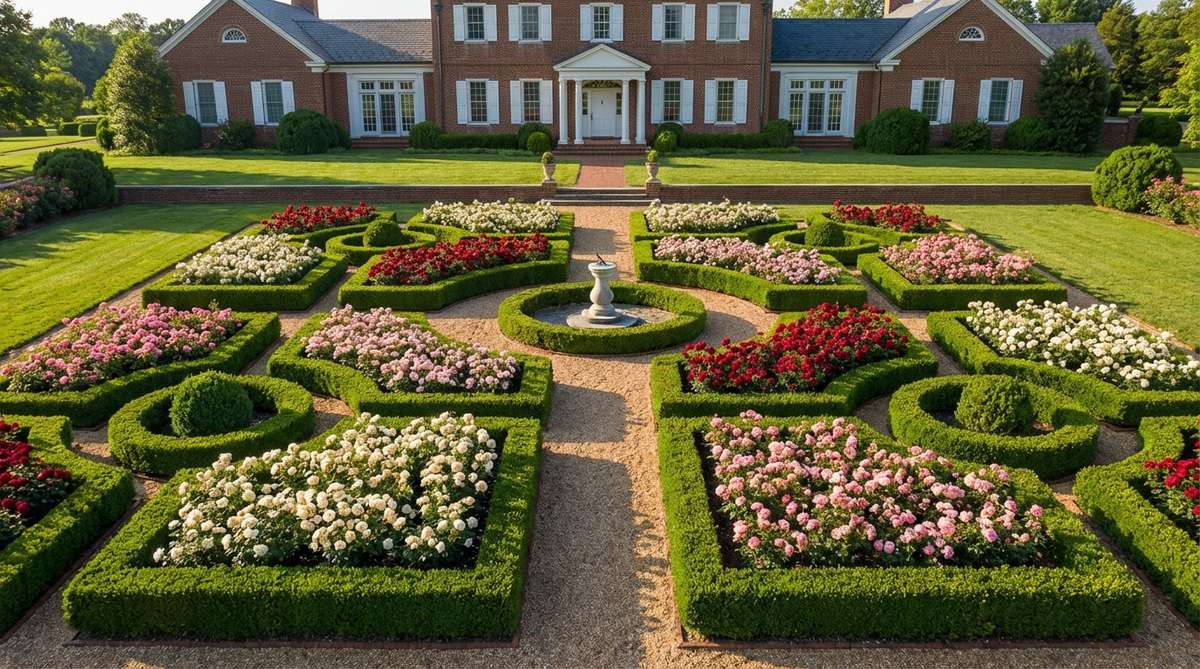 A formal geometric parterre rose garden design featuring symmetrical beds arranged in precise geometric patterns with low evergreen hedging. The layout includes square, rectangular, and circular beds with clear axis lines, planted with roses in coordinated color blocks and uniform heights. This traditional European-inspired design creates year-round structure and formal elegance, particularly effective when viewed from elevated positions.