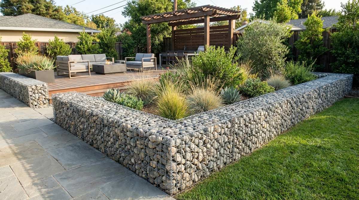 A modern garden edging solution using gabion baskets filled with stones. Wire mesh cages create industrial-style borders 12-36 inches high with excellent drainage. Modular design allows for quick installation and can be filled with uniform stones for contemporary aesthetics or mixed sizes for textured appeal.