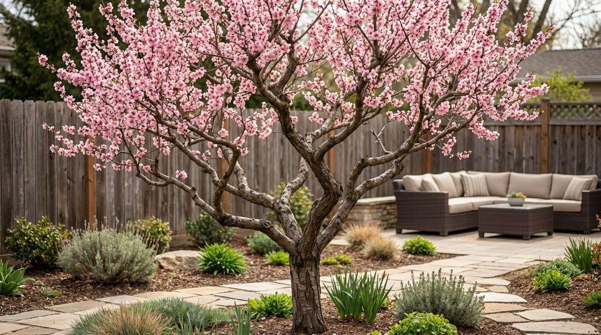 A genetic dwarf almond tree, reaching 10-12 feet tall, showcasing pink spring blossoms and a branching structure that offers ornamental value. It produces soft-shell almonds and is self-pollinating, ideal for small gardens in zones 7-9 with hot, dry summers.