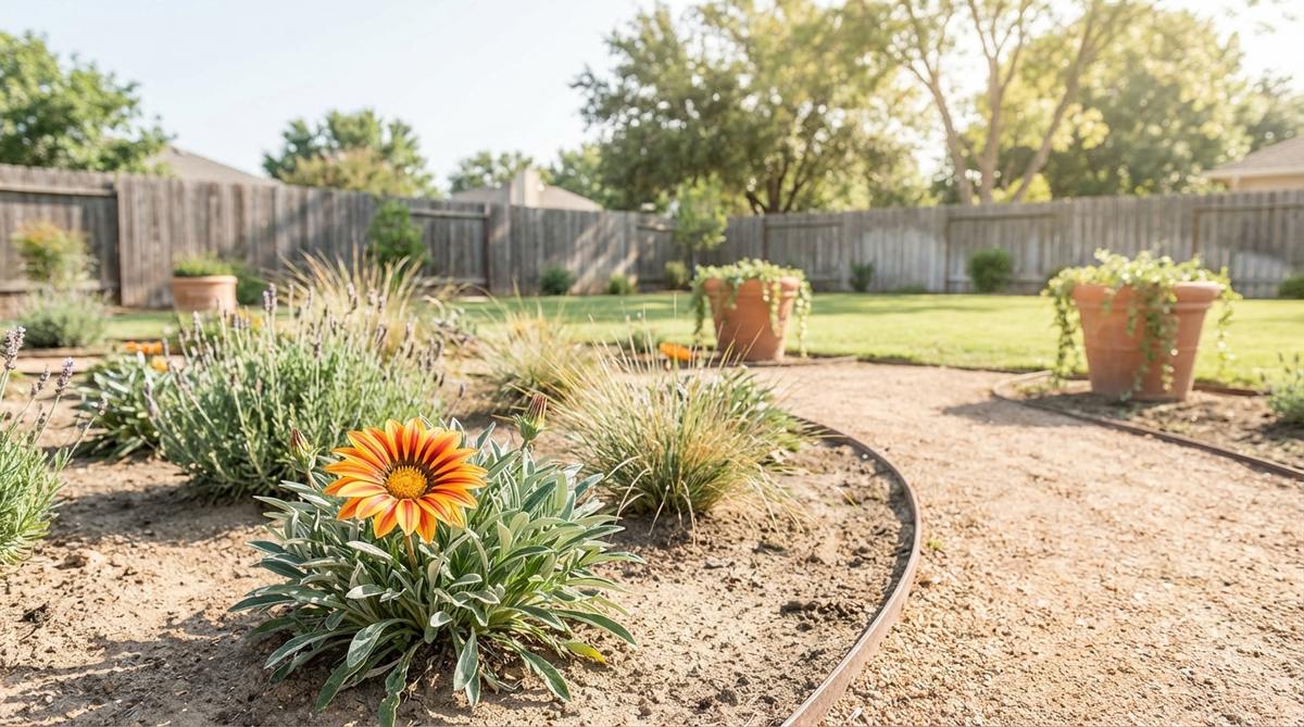 A vibrant Gazania flower with bold daisy-like petals in shades of orange, yellow, pink, or red, fully open under bright sunlight. The compact plant, 6-8 inches tall, features silvery foliage that adds textural contrast. Ideal for hot, dry conditions, this flower is perfect for coastal gardens, tolerating salt spray and sandy soils.