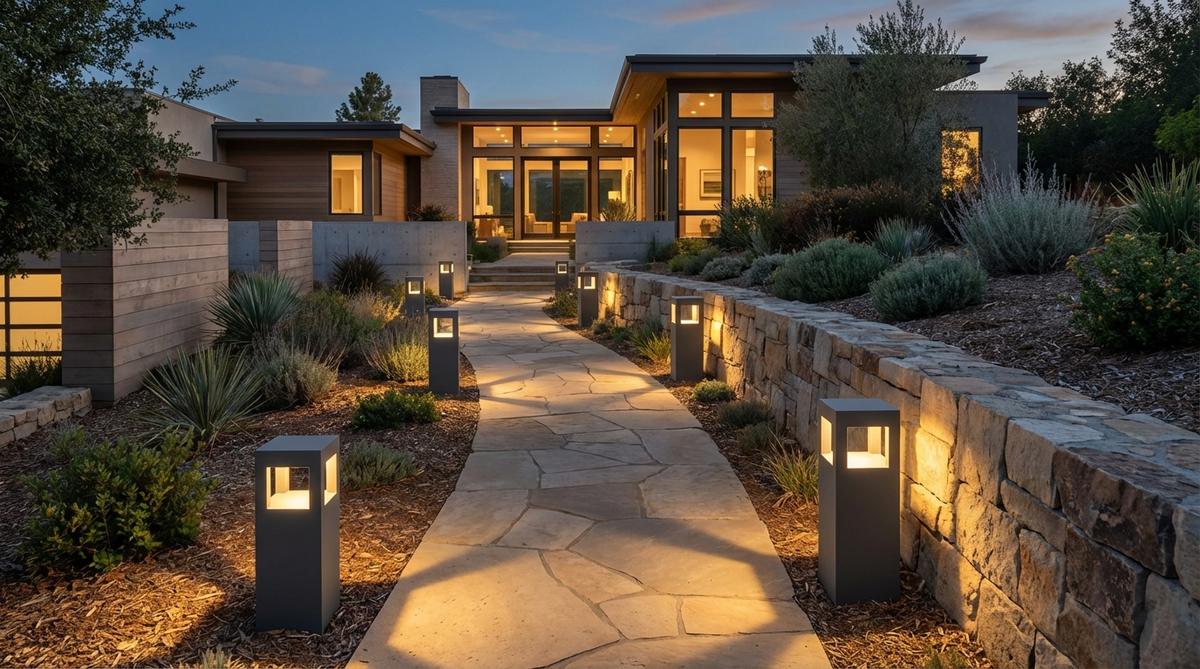Modern geometric cube bollards with square or rectangular housings that echo orthogonal architecture, featuring multi-directional light distribution to illuminate pathways and adjacent walls through perpendicular optical systems. Ideal for creating visual rhythm in repetitive sequences while reinforcing architectural order in garden lighting designs.