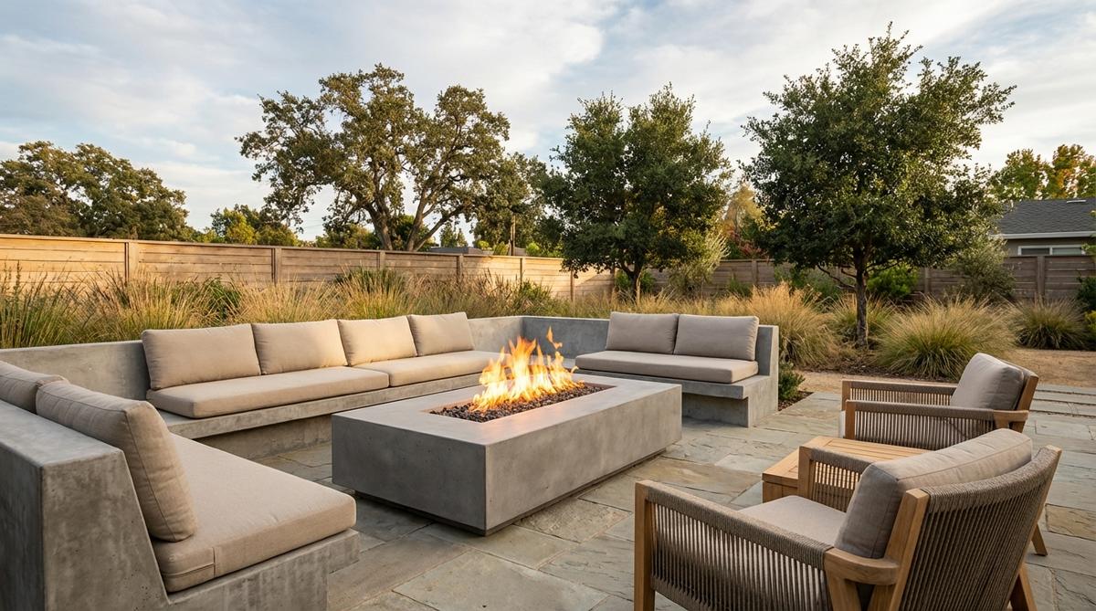 A square or rectangular geometric fire pit with a clean-lined concrete or steel surround, featuring an adjustable natural gas or propane flame, set in a modern outdoor decor space with low seating walls and contemporary furniture for comfortable gatherings.
