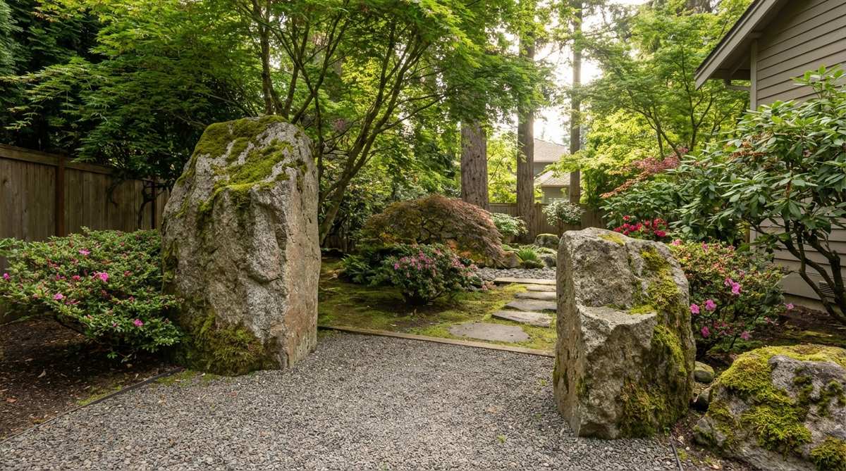 Two substantial upright stones flanking a garden entrance, with unequal heights and placed at different distances from the path centerline, creating a sense of threshold and transition into a contemplative Japanese garden space.