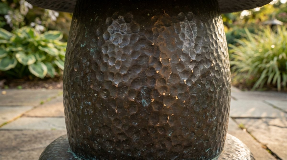 Close-up detail of a hand-hammered bronze or copper surface on a Japanese garden lantern, showing the dimpled texture that scatters light in multiple directions. The organic hammer marks create visual interest and reflect ambient light differently than smooth castings, connecting to artisanal making traditions.
