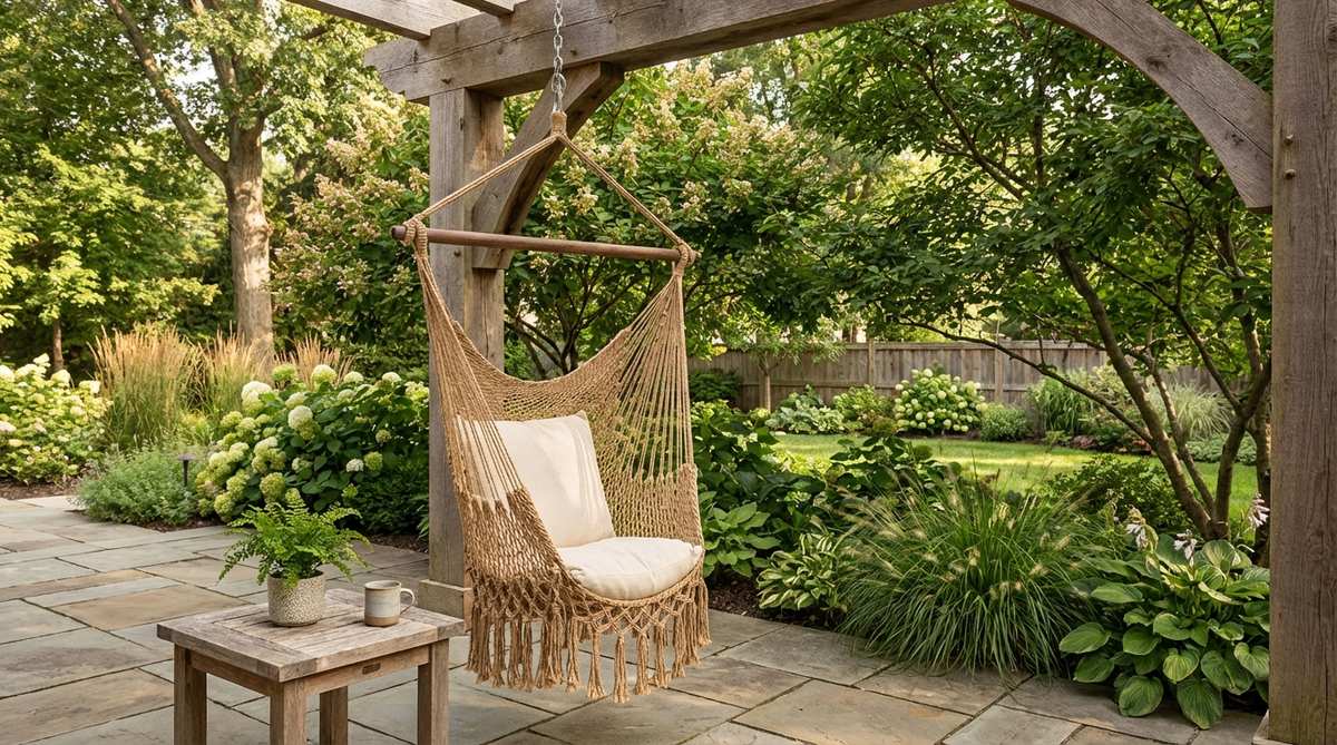 A rattan or macramé hanging chair suspended from a sturdy tree branch or pergola beam, creating a cozy boho focal point in an outdoor space with garden views.