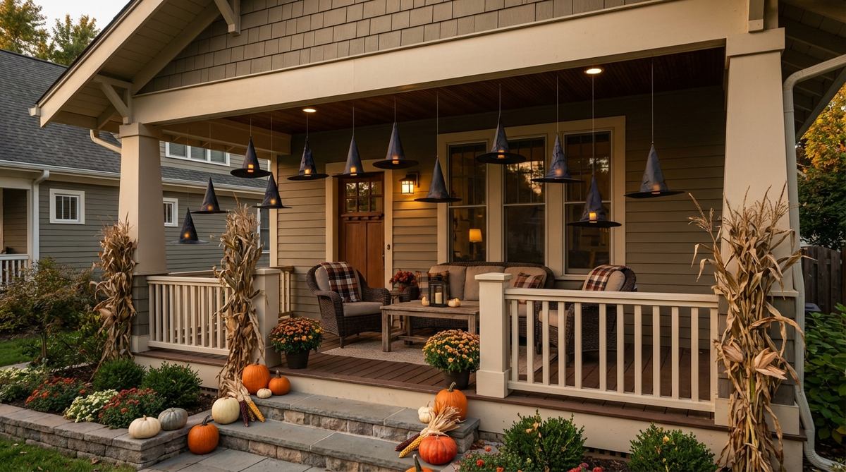 A whimsical and dramatic Halloween outdoor decor featuring a cluster of floating witch hats suspended above a porch. The hats gently sway in the breeze, with some containing small battery tea lights that glow softly. This hanging chandelier adds depth and visual interest, perfect for creating a spooky yet enchanting atmosphere over sitting areas during Halloween.