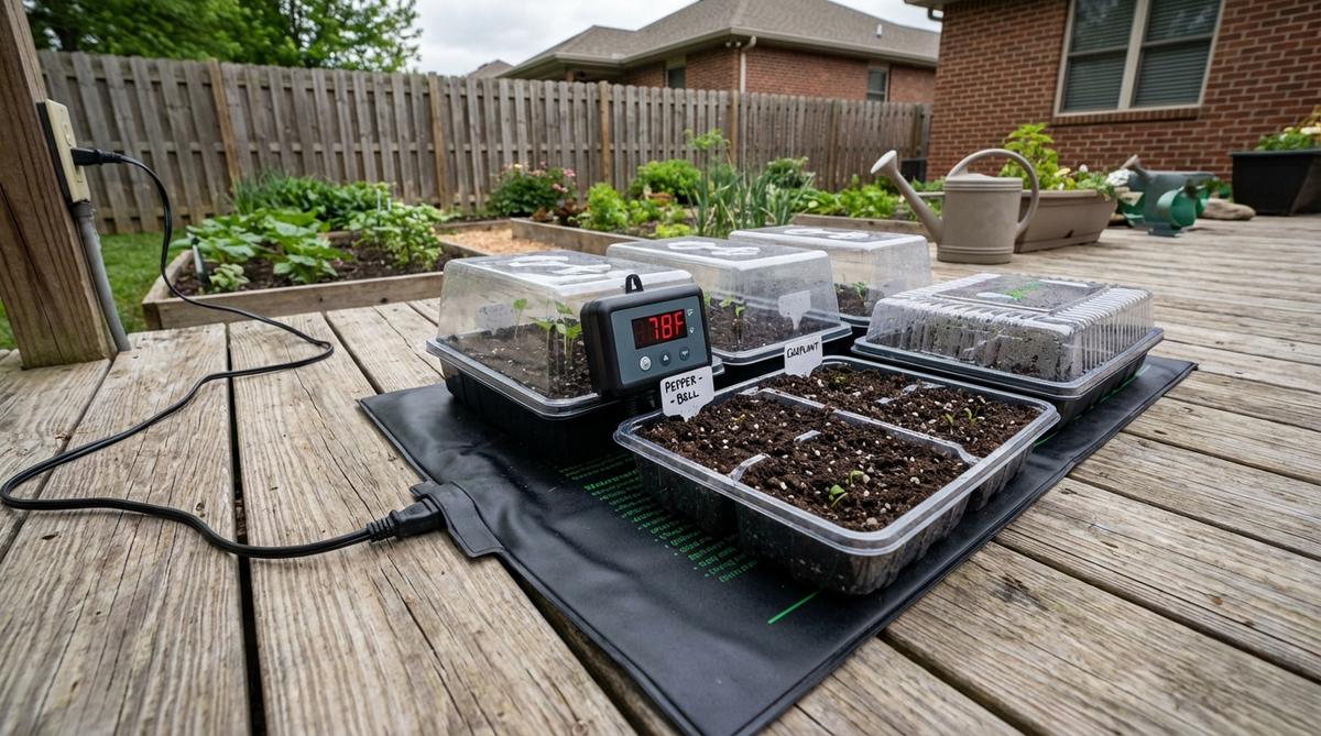 A waterproof heating mat with digital thermostat maintaining optimal soil temperature between 68-85°F for accelerated germination of heat-loving crops like peppers and eggplants in mini garden greenhouses.