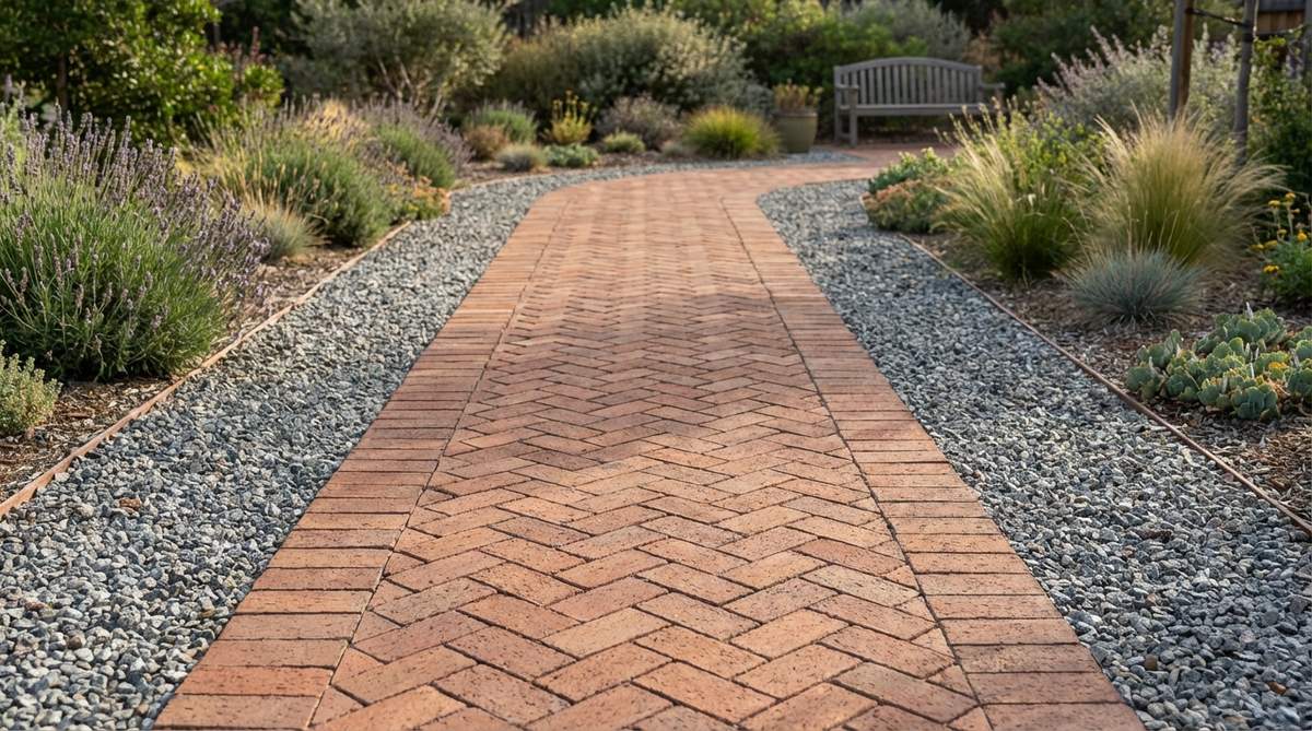 A detailed view of a gravel garden pathway featuring brick pavers arranged in a classic herringbone pattern, flanked by permeable gravel margins. This design highlights the contrast between structured brickwork and natural gravel textures, promoting water infiltration and temperature moderation in sustainable landscaping.