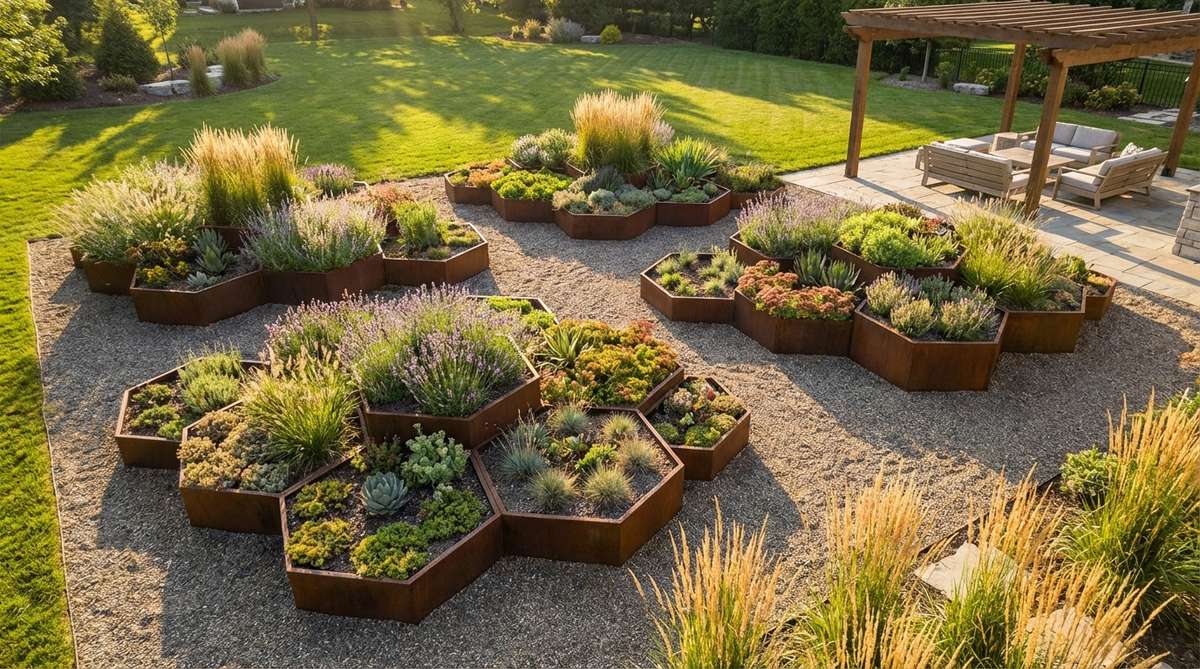 A contemporary garden bed design featuring hexagonal clusters arranged in honeycomb patterns. Six-sided beds measuring 4 feet across nest together to eliminate wasted space, with flexible metal edging creating continuous planting zones. The asymmetrical clusters of three to seven hexagons create organic visual interest with varied bed heights.