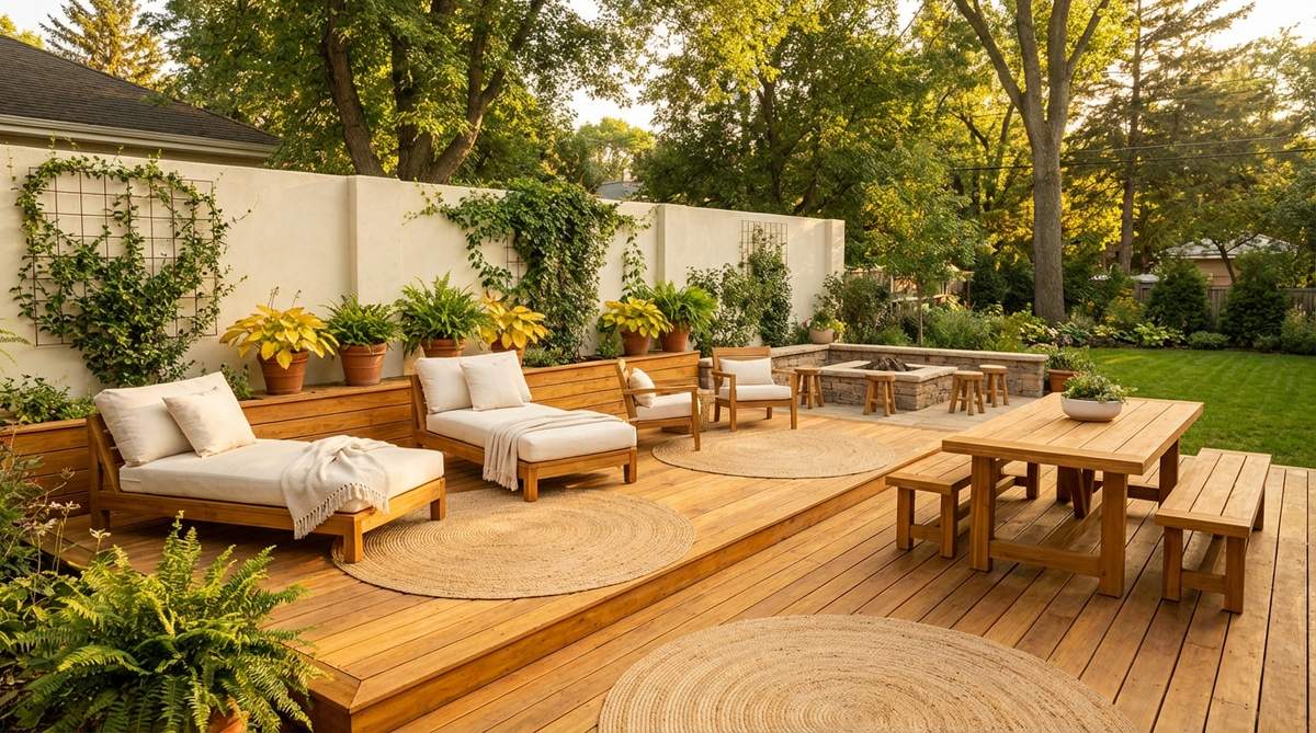 A warm and luminous earthy decor palette featuring honey-toned wood furniture and flooring paired with soft cream walls, ivory textiles, and natural fiber rugs. This combination creates a bright, organic atmosphere ideal for spaces with limited natural light, enhanced by golden undertones and live plants.