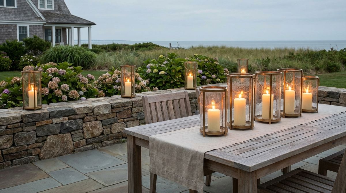 Clear or seeded glass hurricane lanterns with stainless steel or brass frames, ideal for outdoor decor lights. They shield candle flames and amplify light through cylindrical lens effects, perfect for grouping on dining tables or arranging along garden walls, especially in coastal or maritime-themed settings.