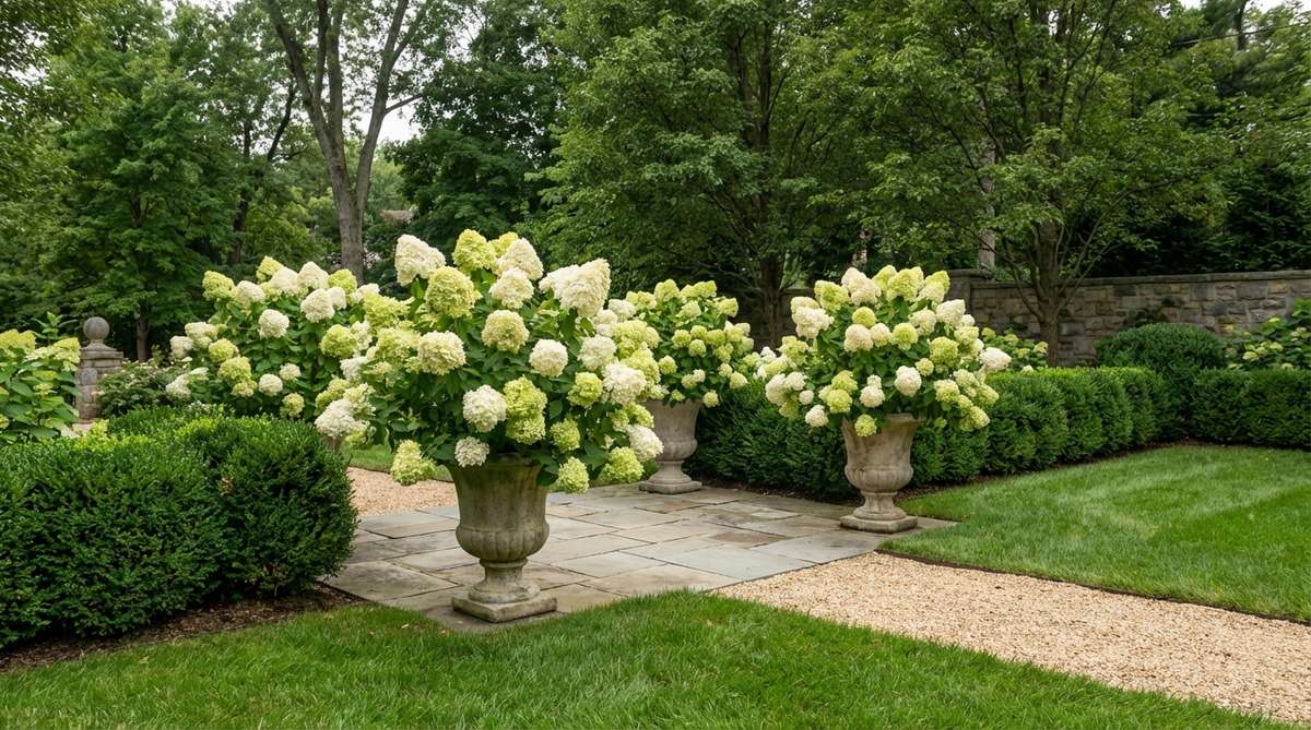 A lush arrangement of hydrangeas in ivory and green tones, showcasing their voluminous clustered blooms as elegant centerpieces for garden-themed weddings. The flowers create substantial visual impact with fewer stems, suitable for modern sculptural or classic garden displays.