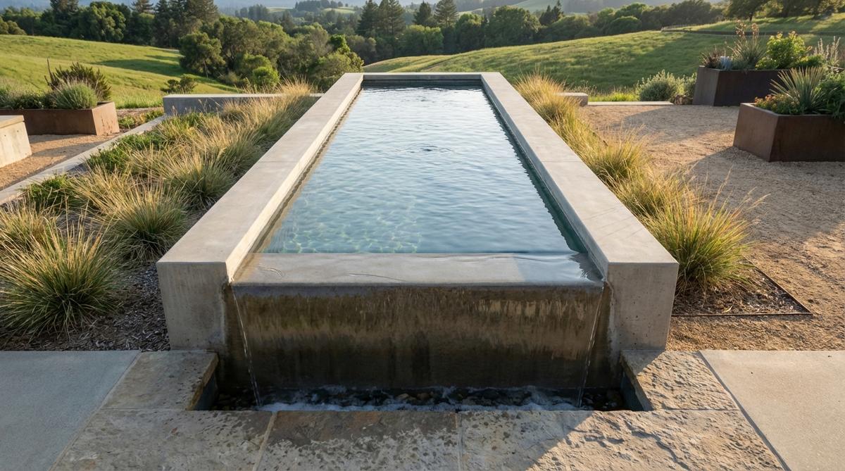 A modern infinity edge water basin in a garden setting, featuring water flowing over a precise concrete edge to create an illusion of endless extension. The design showcases clean lines and minimalist construction typical of contemporary garden features, with catch basins visible below for efficient water recirculation. Ideal for properties with views or grade changes.