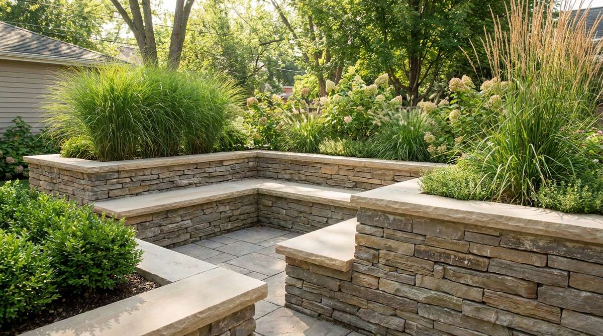A stone garden bench integrated with raised planters, featuring built-in seating ledges along the perimeter. The dual-purpose design combines retaining walls with functional furniture, ideal for maximizing space in urban courtyards. Planter walls are 18-22 inches high with 12-15 inches of soil depth for plants, capped with overhanging stones for comfortable seating edges.