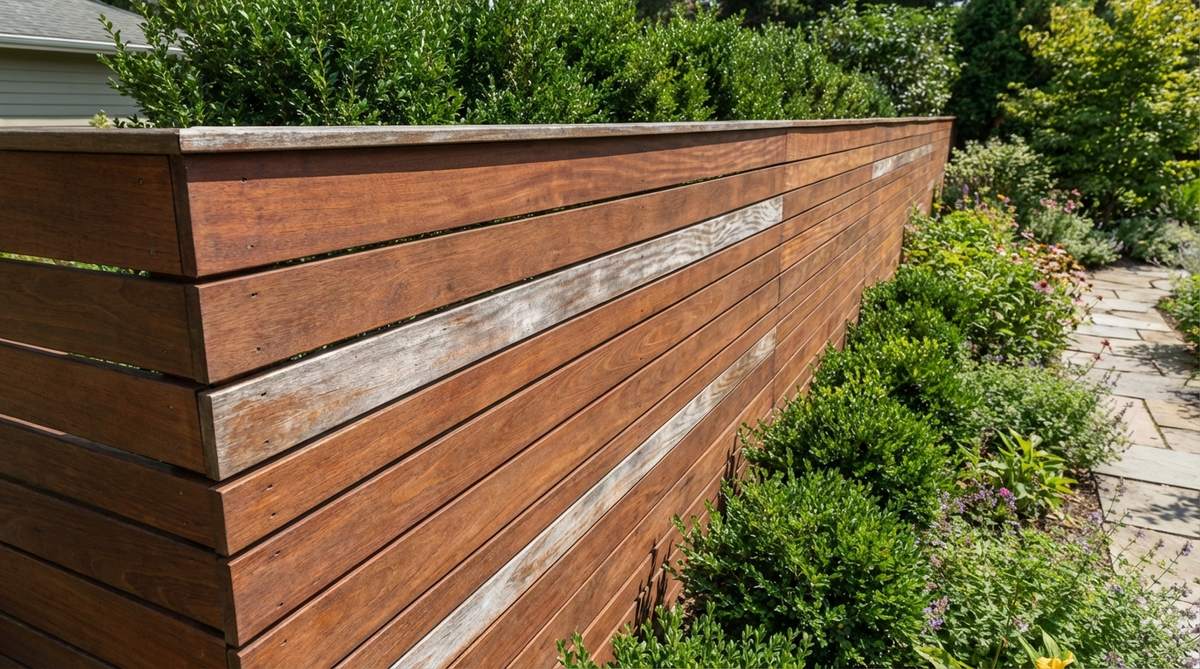 A durable small garden fence made from ipe wood, featuring a horizontal screen design that resists rot and insects, with rich brown tones that weather to silver-grey, ideal for long-lasting, low-maintenance garden boundaries.
